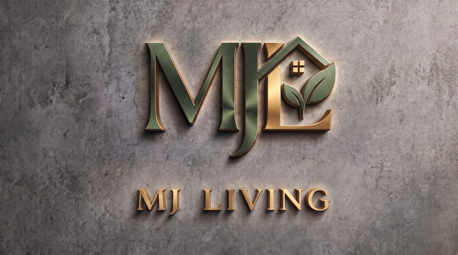 The MJ Living logo in sage and bronze metal on a stone wall